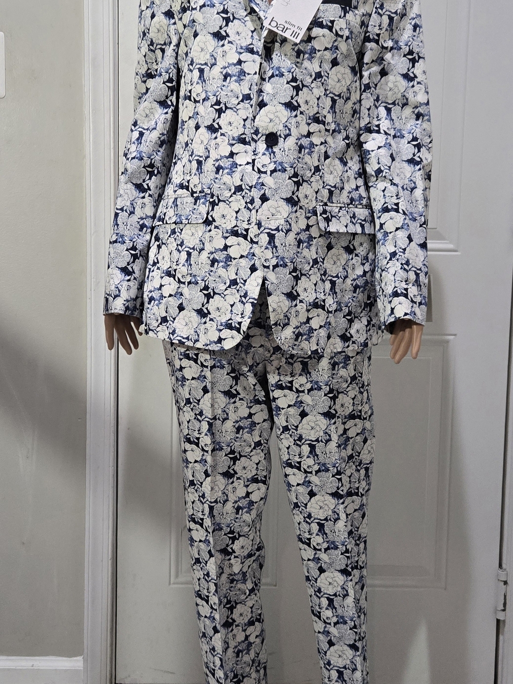 Bar III Navy and White Floral Blazer with Matching Trousers